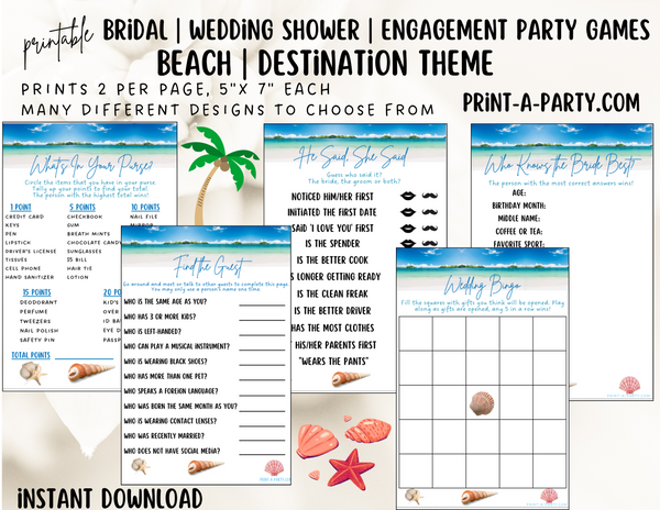 GAME BUNDLE:  Bridal Wedding Shower Engagement Party Game Bundle | Beach Wedding | Destination Wedding | Printable