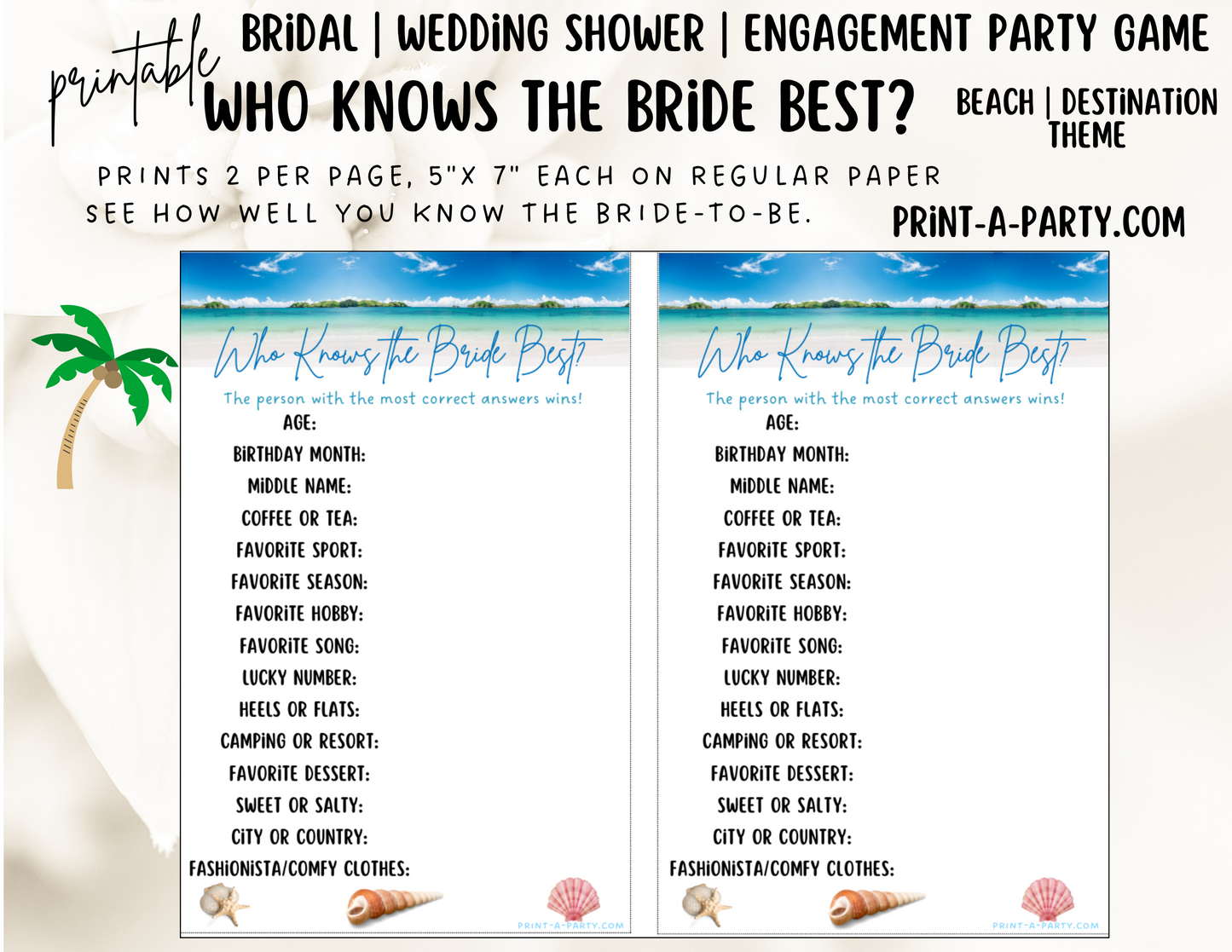 GAME BUNDLE: Bridal Wedding Shower Engagement Party Game Bundle | Beach Wedding | Destination Wedding | Printable