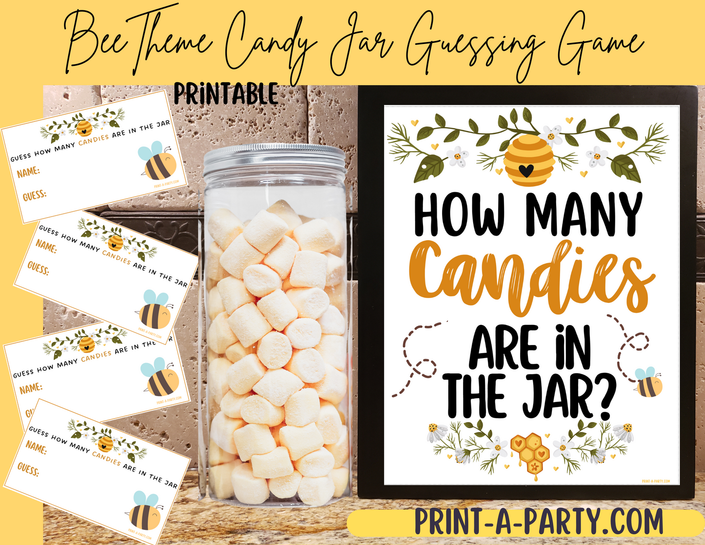 CANDY JAR GUESSING GAME - Bee Baby Shower Candy Guessing Game – Printable Sign & Cards  for Baby Showers, Gender Reveals, Adoption Parties