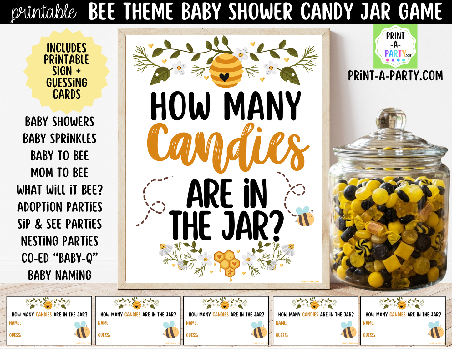 Bee-themed Candy Jar Guessing Game Printable Sign (8x10) + Guessing Cards - Baby Event
