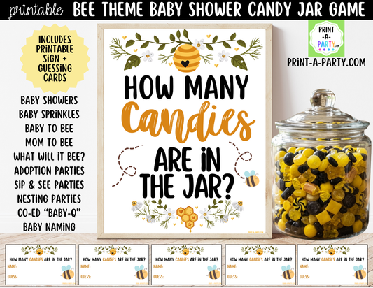 Bee-themed Candy Jar Guessing Game Printable Sign (8x10) + Guessing Cards - Baby Event