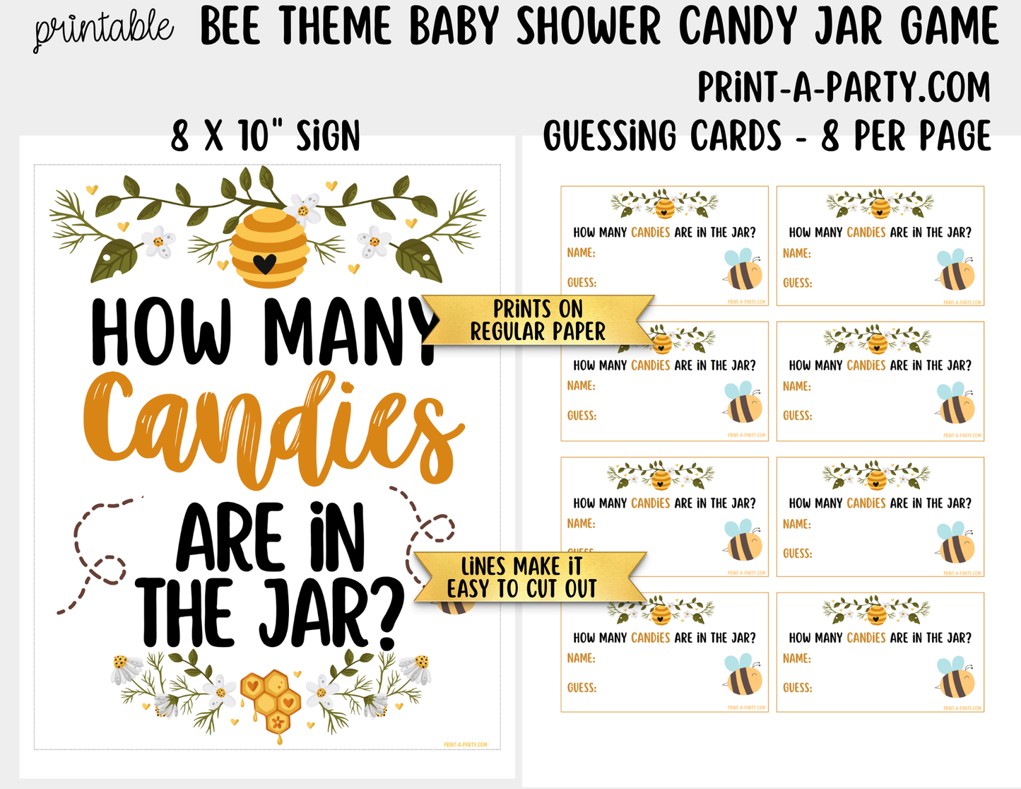 Bee-themed Candy Jar Guessing Game Printable Sign (8x10) + Guessing Cards - Baby Event