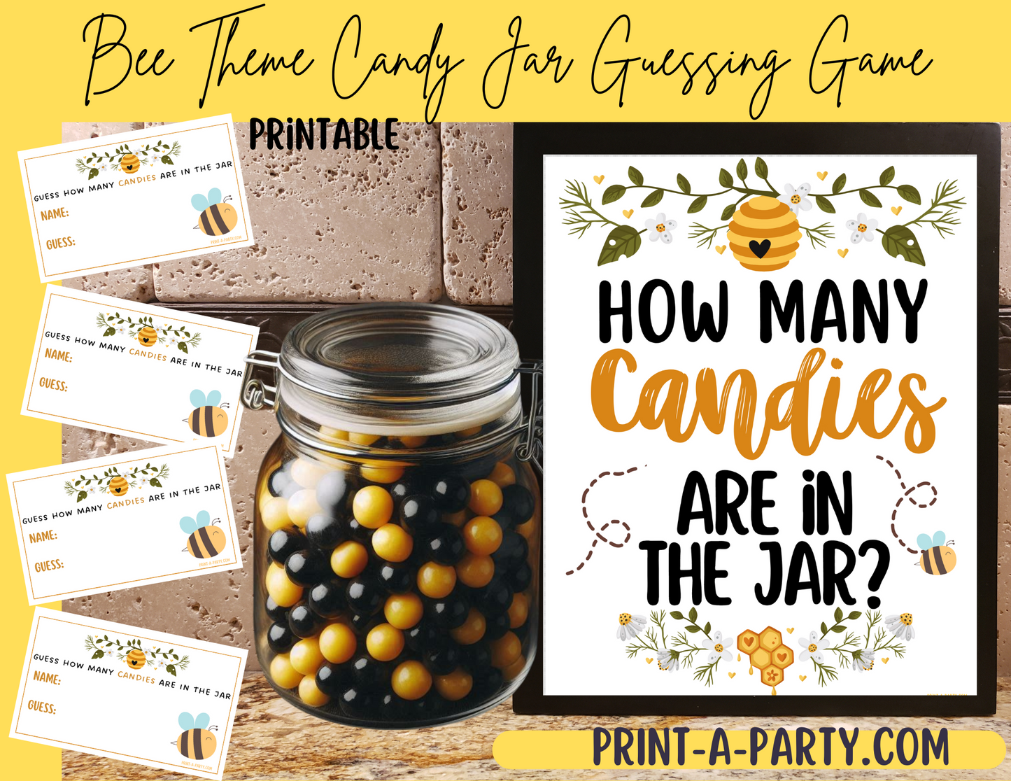 CANDY JAR GUESSING GAME | How many candies in jar | Bee Theme | Bee Baby Shower Game | Bee Baby Shower | Mom To Bee | Baby To Bee | Printable