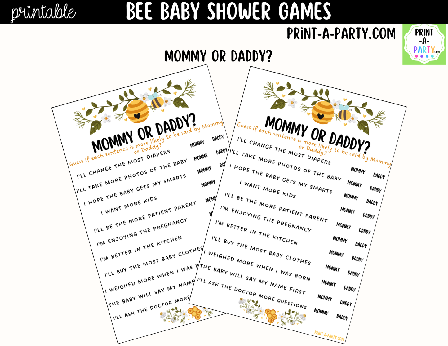 Bee Baby Shower Games Printable