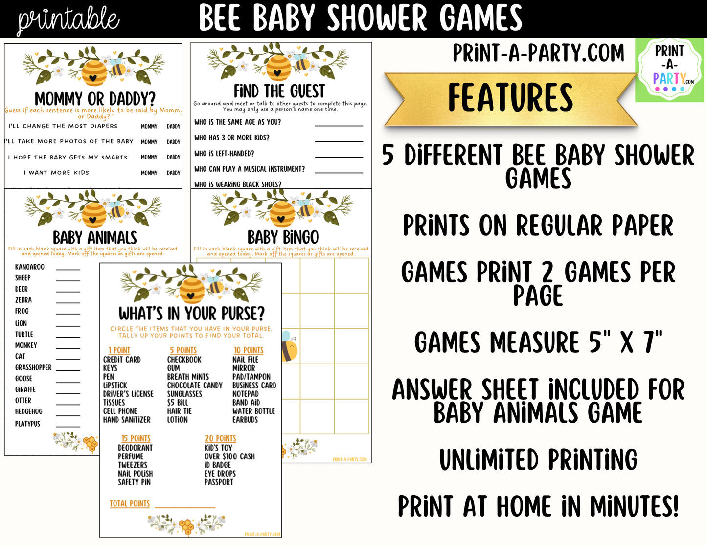 Bee Baby Shower Games Printable