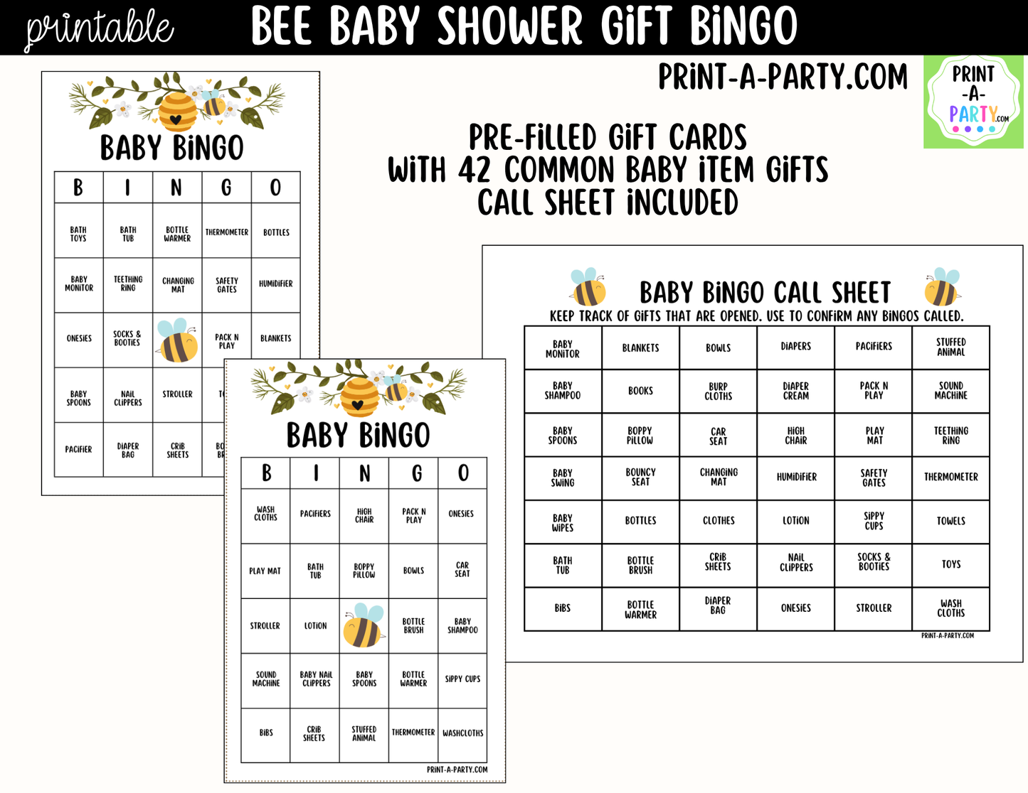 Bee Baby Shower Gift Bingo Printable