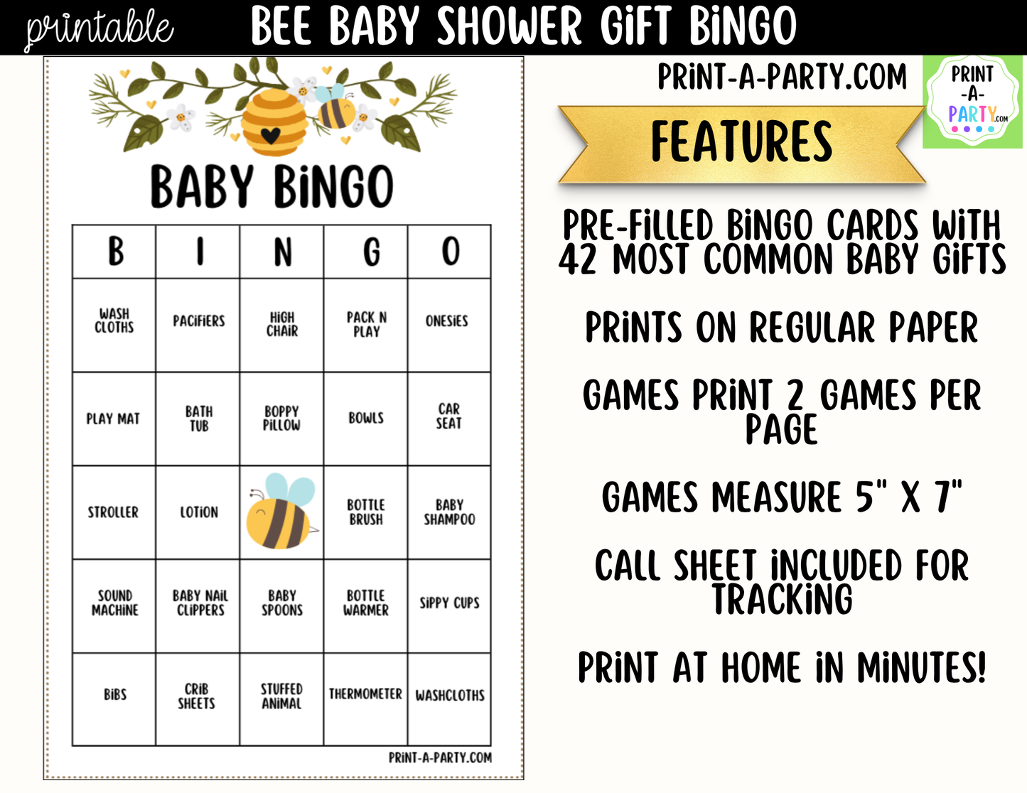 Bee Baby Shower Gift Bingo Printable