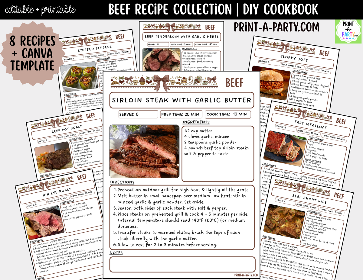 Beef Dinner Recipe Pages Printable & Editable Cookbook Set