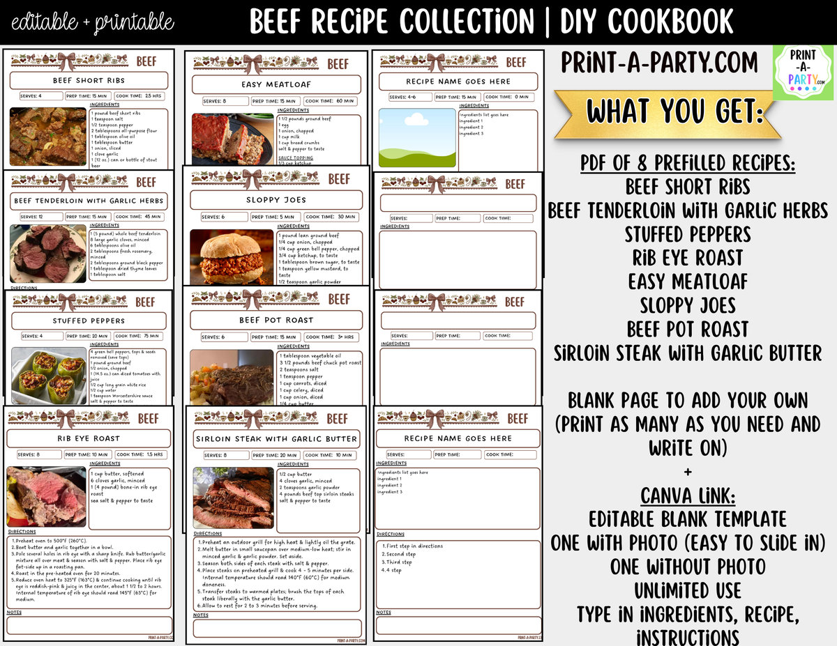 Beef Dinner Recipe Pages Printable & Editable Cookbook Set