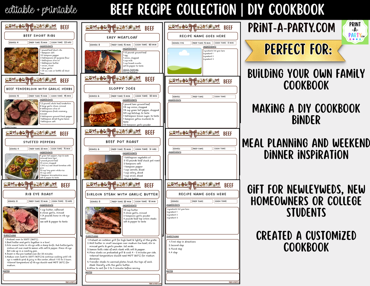 Beef Dinner Recipe Pages Printable & Editable Cookbook Set