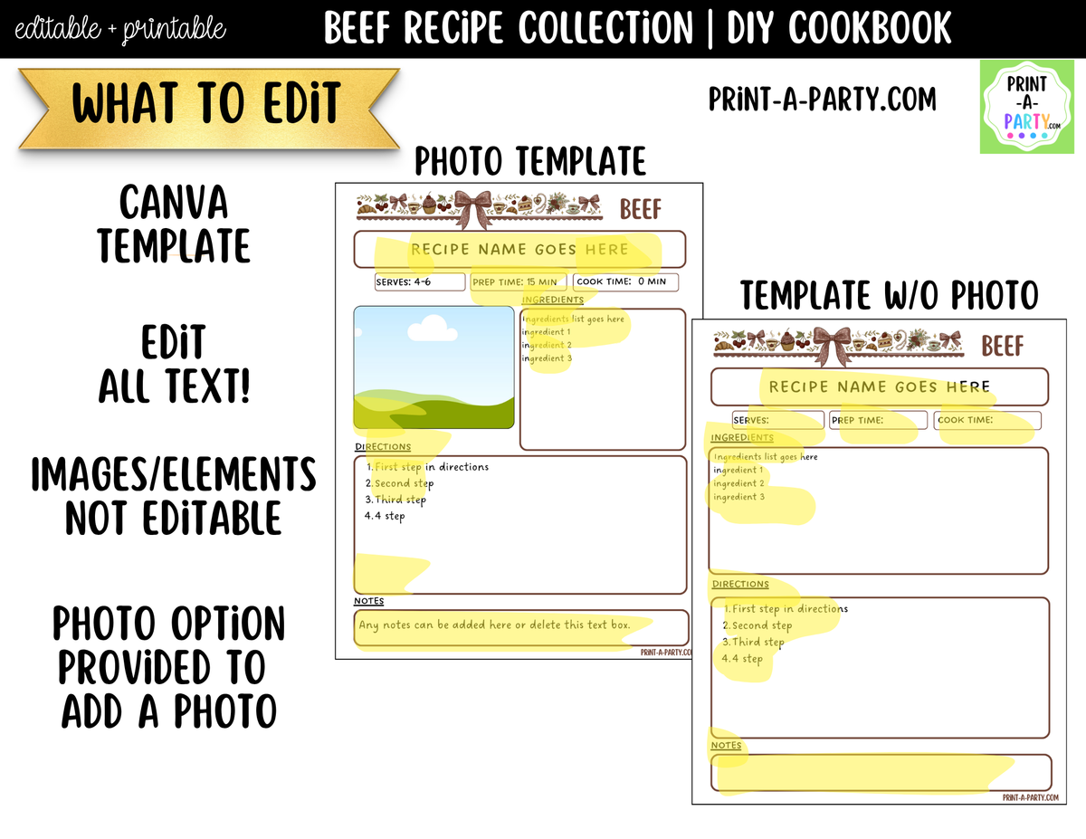 Beef Dinner Recipe Pages Printable & Editable Cookbook Set