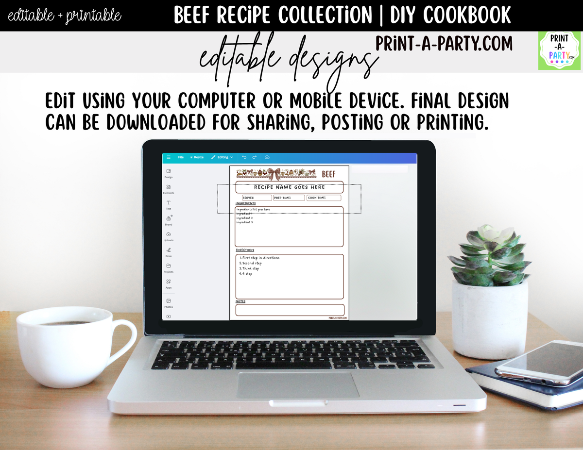 Beef Dinner Recipe Pages Printable & Editable Cookbook Set