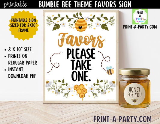 Bumble Bee Favors Printable Sign (8x10) – For Parties, Showers and Events