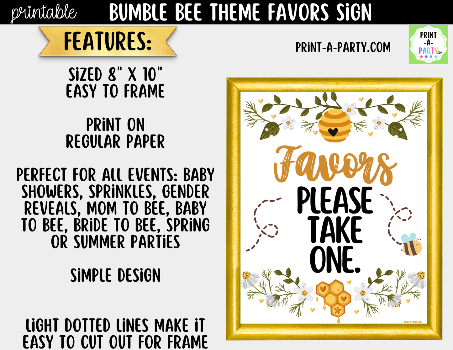 Bumble Bee Favors Printable Sign (8x10) – For Parties, Showers and Events