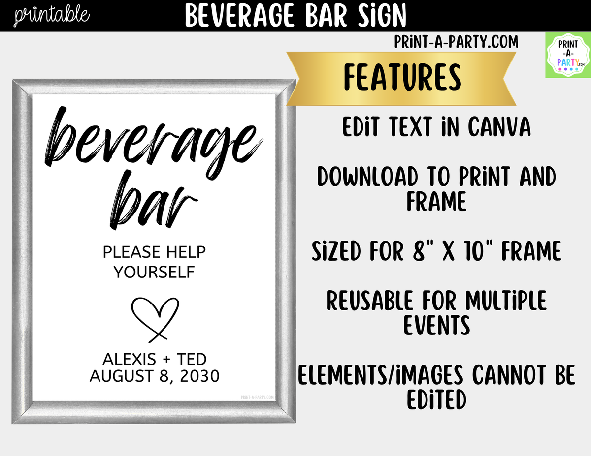 Editable Beverage Bar Sign (8x10) - Printable Canva Template