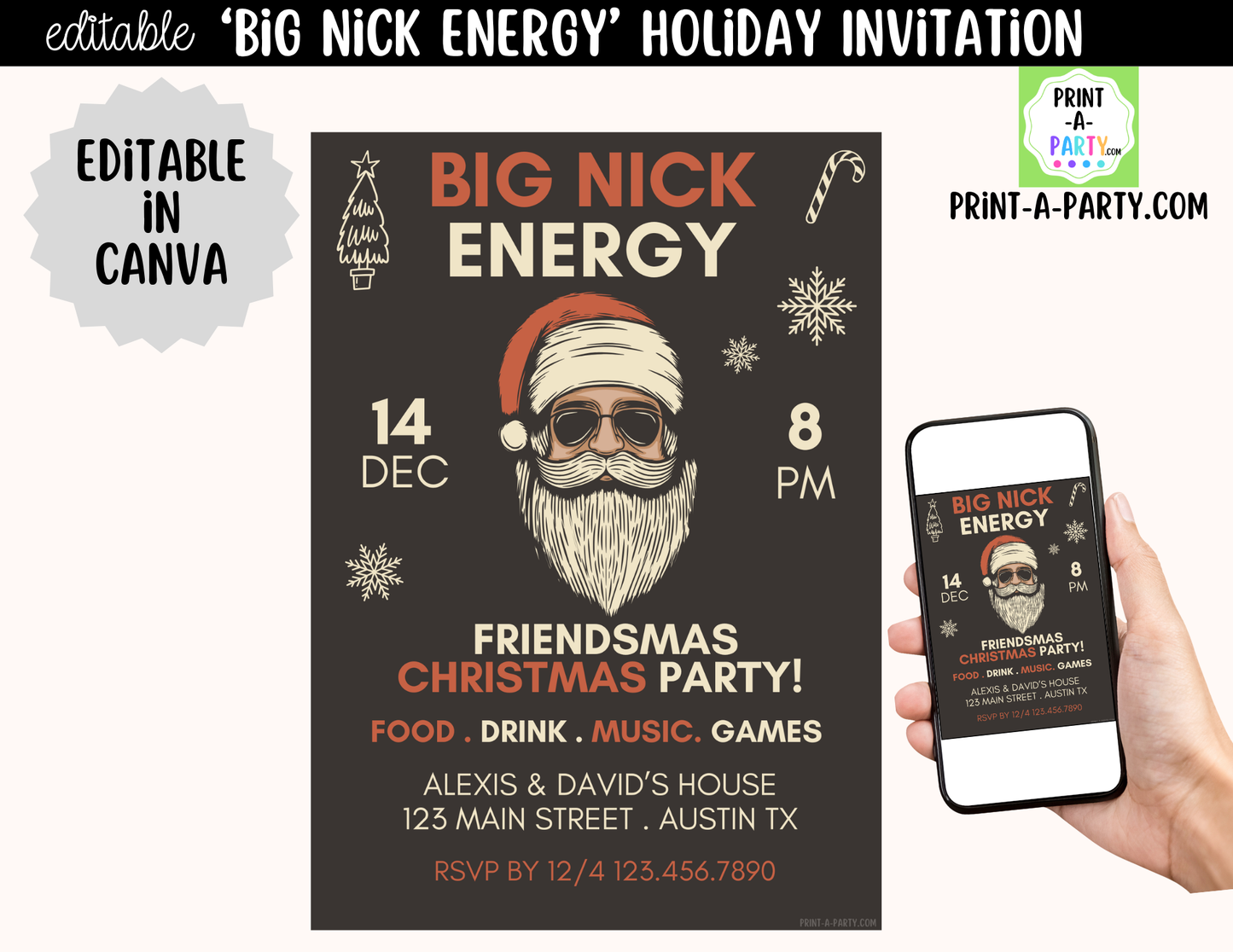 Big Nick Energy Christmas Party Invitation | Editable Canva Template for Friendsmas & Holiday Parties