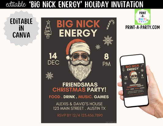 Big Nick Energy Christmas Party Invitation | Editable Canva Template for Friendsmas & Holiday Parties