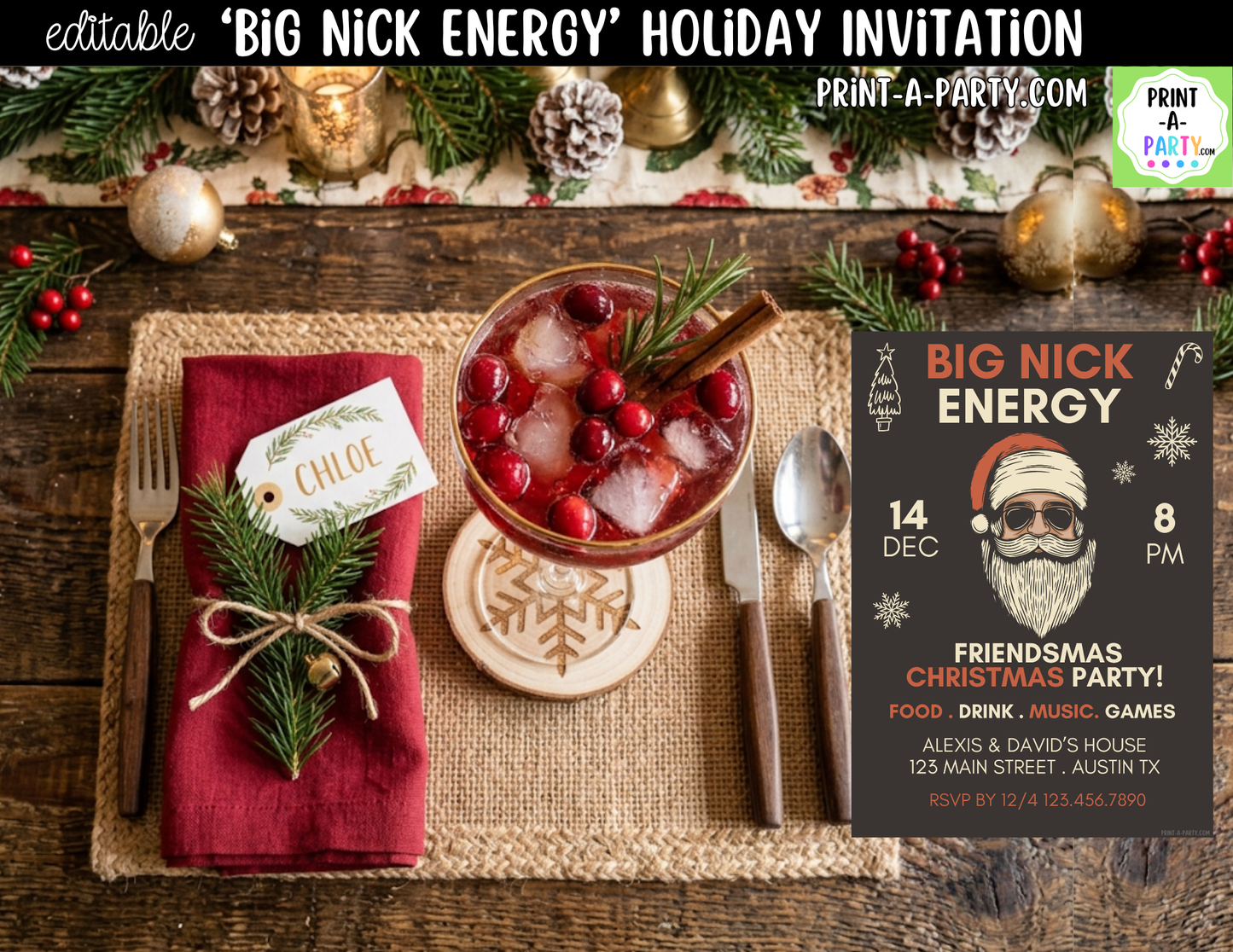 Big Nick Energy Christmas Party Invitation | Editable Canva Template for Friendsmas & Holiday Parties