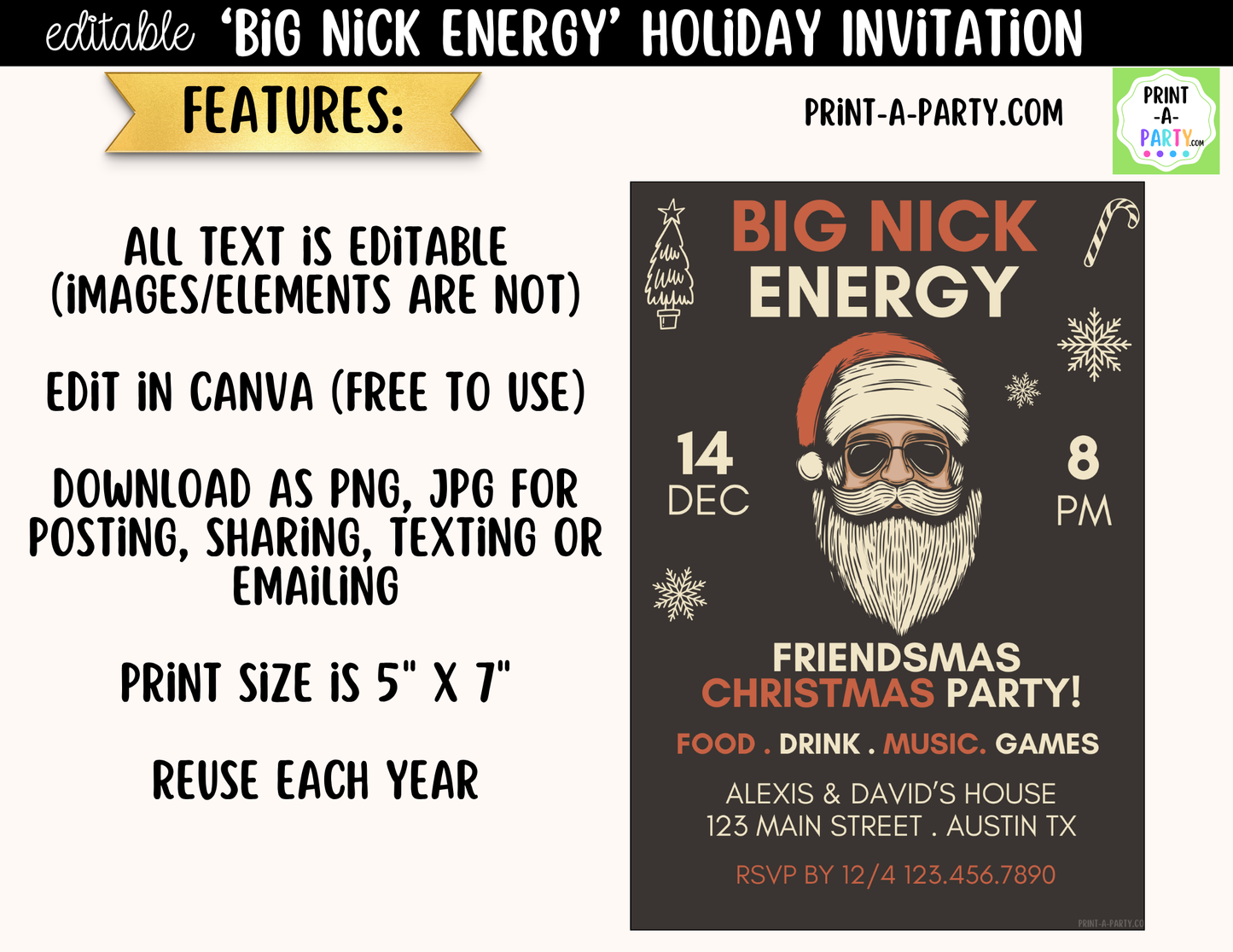 Big Nick Energy Christmas Party Invitation | Editable Canva Template for Friendsmas & Holiday Parties
