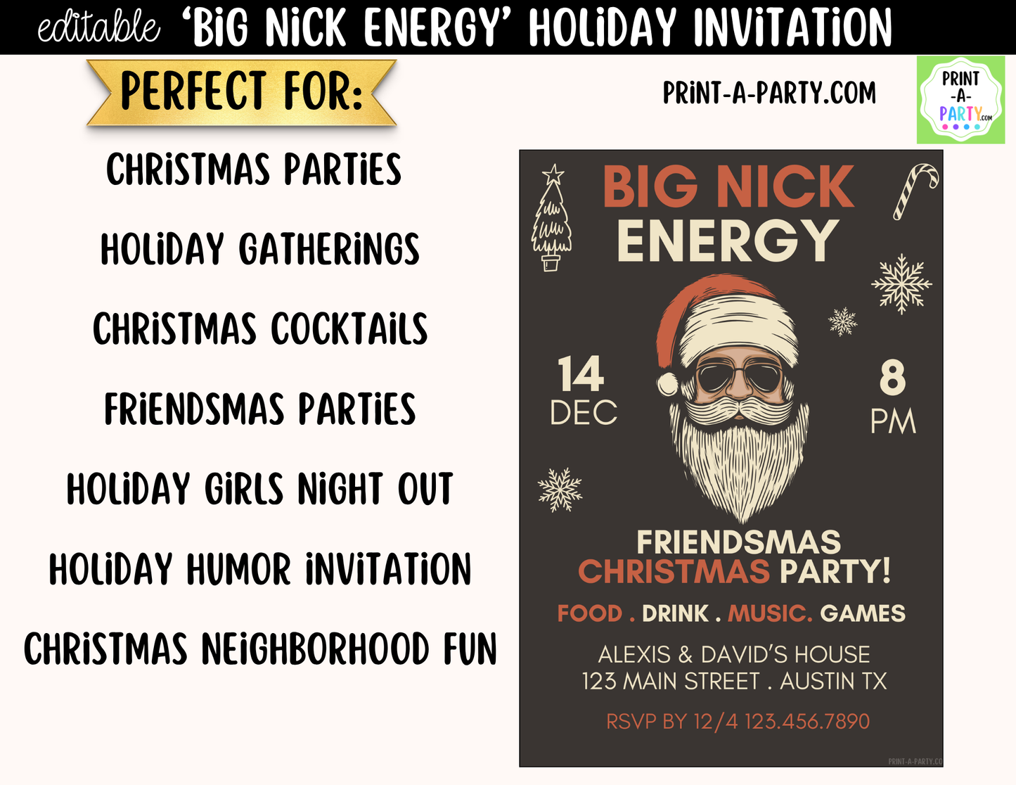 Big Nick Energy Christmas Party Invitation | Editable Canva Template for Friendsmas & Holiday Parties