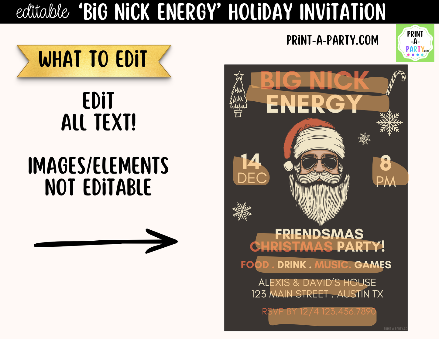 Big Nick Energy Christmas Party Invitation | Editable Canva Template for Friendsmas & Holiday Parties