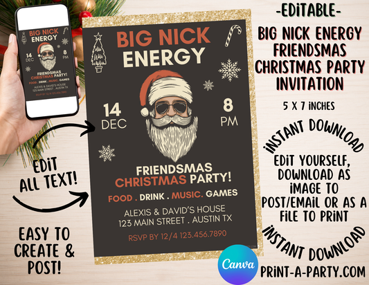 CHRISTMAS EDITABLE INVITATION: BIG NICK ENERGY FRIENDSMAS Christmas Holiday Party Invite | Christmas Party Customization