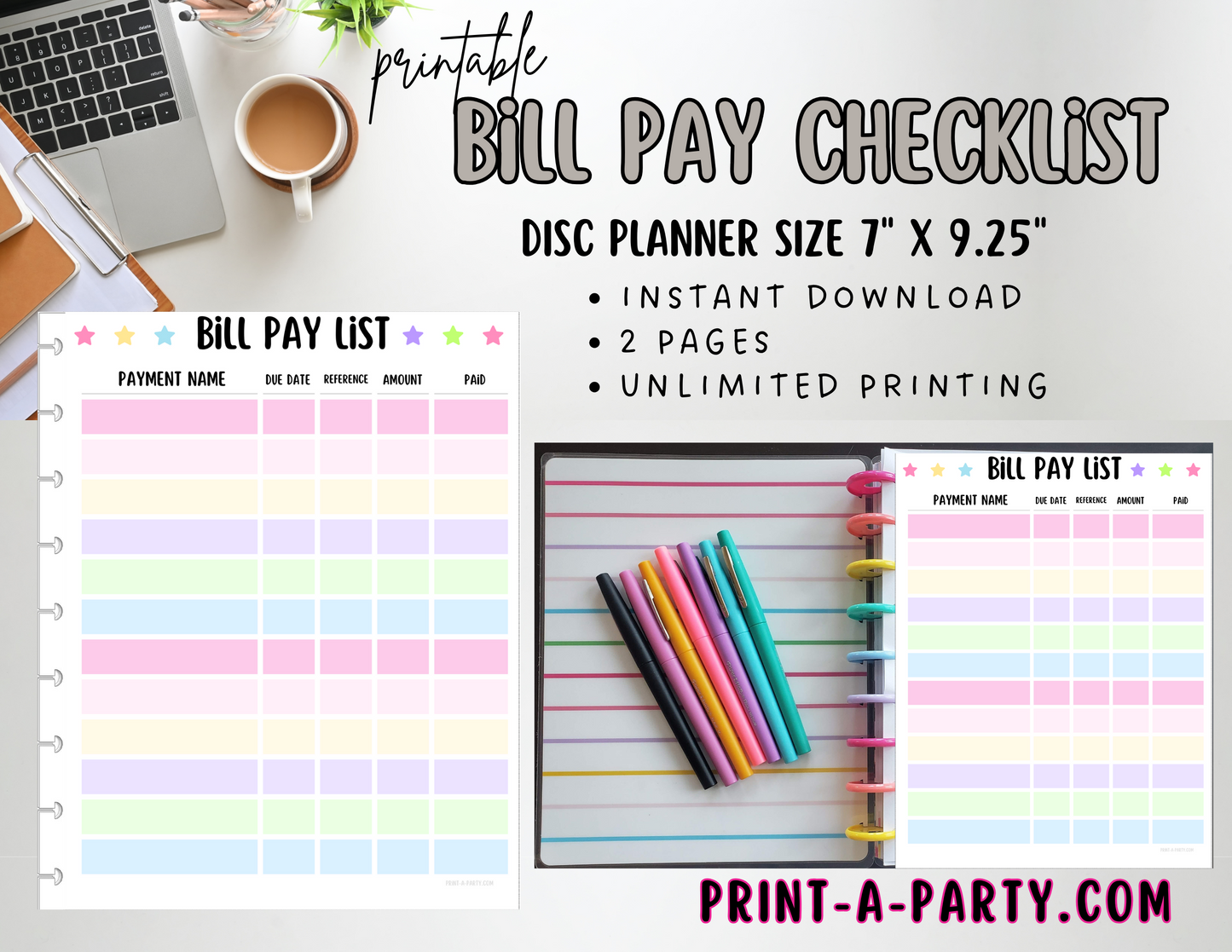 Bill Pay Checklist Printable | Bill Pay Log | Home Organization | 9 Disc Planners | Classic Happy Planner | Planner Printable 9.25" x 7"