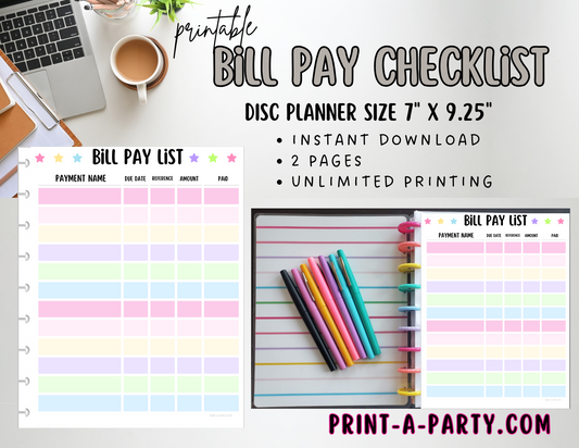 Bill Pay Checklist Printable | Bill Pay Log | Home Organization | 9 Disc Planners | Classic Happy Planner | Planner Printable 9.25" x 7"