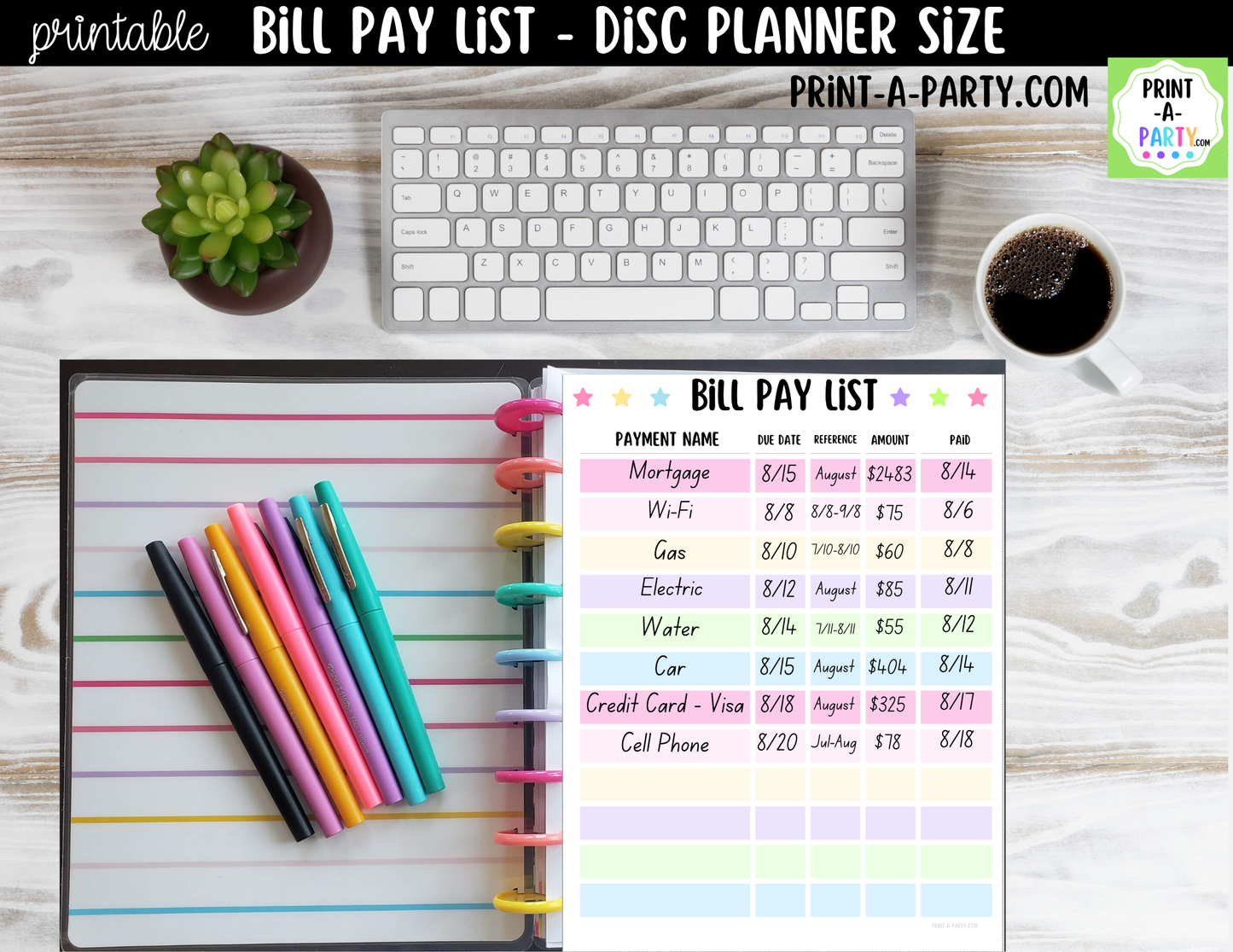 Bill Pay Checklist Printable for Discbound Planners