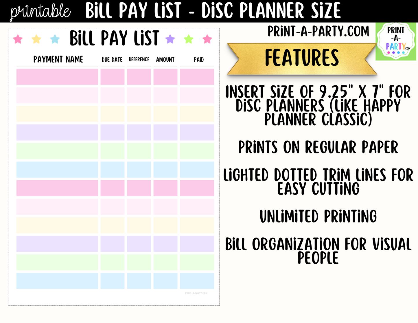 Bill Pay Checklist Printable for Discbound Planners
