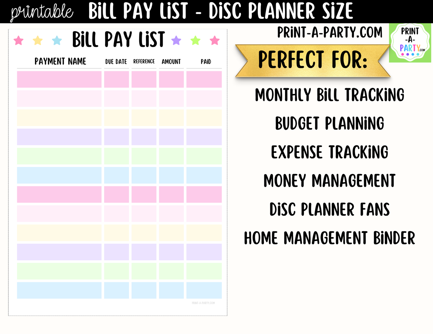 Bill Pay Checklist Printable for Discbound Planners