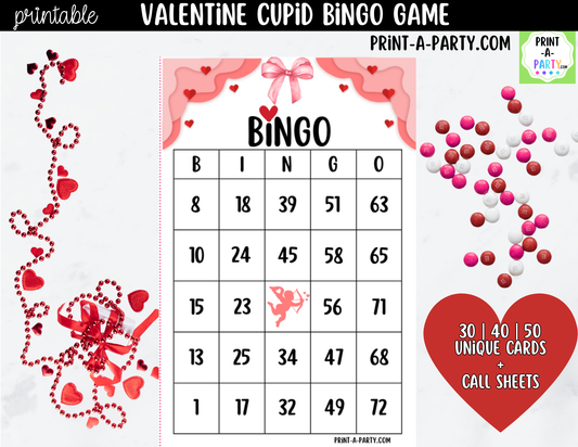Valentine Cupid Bingo Game Printable – 30, 40 or 50 Cards