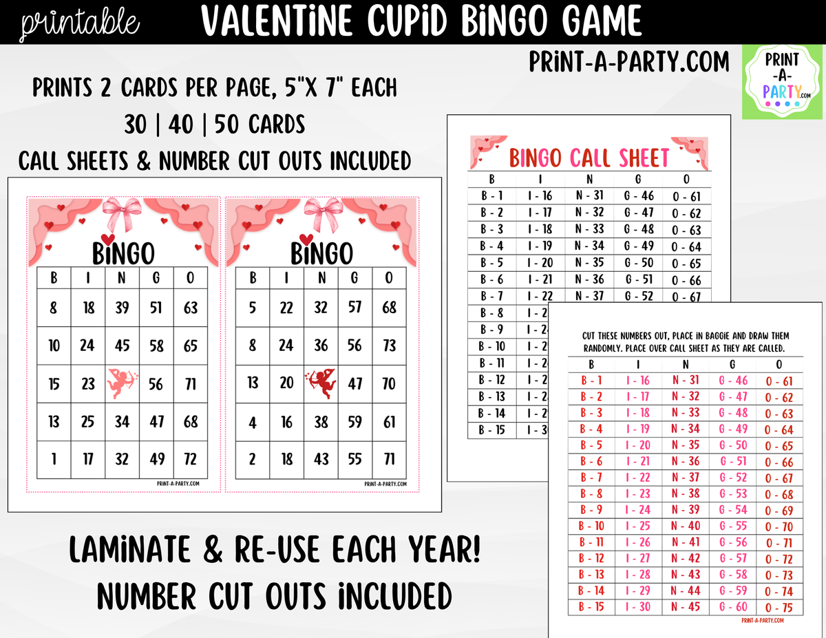Valentine Cupid Bingo Game Printable – 30, 40 or 50 Cards