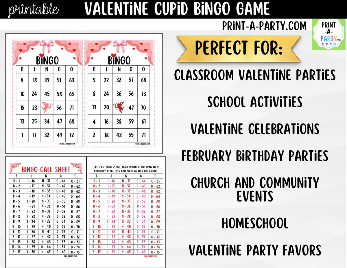 Valentine Cupid Bingo Game Printable – 30, 40 or 50 Cards