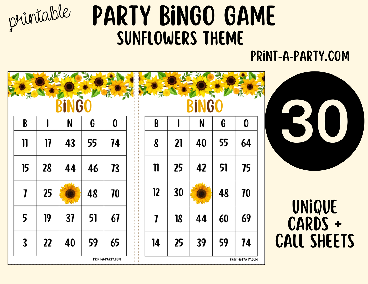 BINGO: Printable Sunflower Bingo Game – Fun Party & Classroom Activity 5 x 7" cards PDF