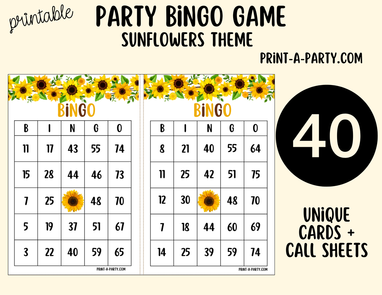 BINGO: Printable Sunflower Bingo Game – Fun Party & Classroom Activity 5 x 7" cards PDF