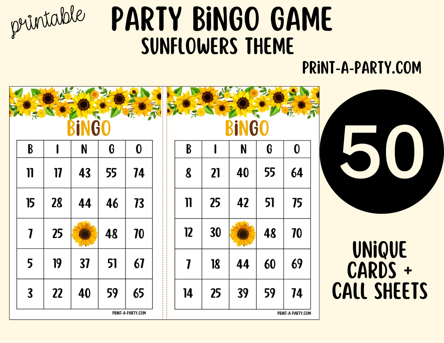 BINGO: Printable Sunflower Bingo Game – Fun Party & Classroom Activity 5 x 7" cards PDF