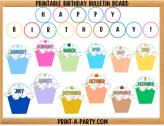 BACK TO SCHOOL: Birthday Bulletin Board Printable Display - Monthly Polka Dot Cupcake Theme for Classroom Decor