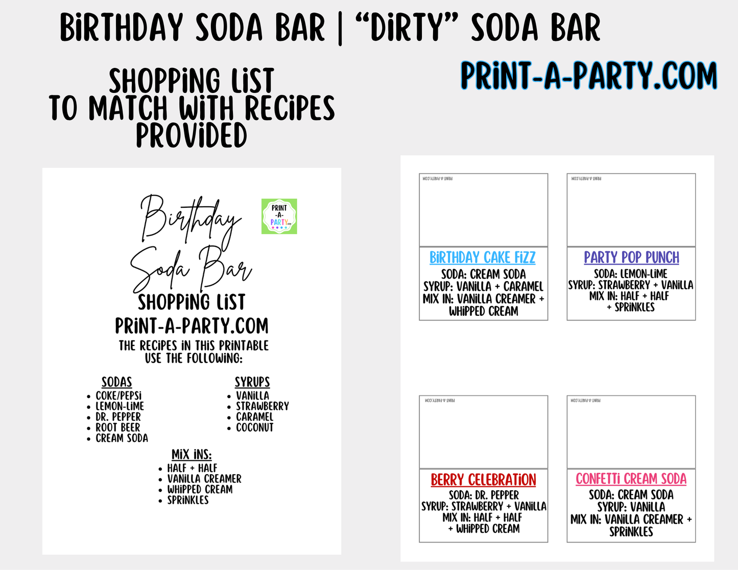 Birthday Soda Bar Kit - Dirty Soda Sign (8x10) & Recipe Tent Cards (12 recipes!)