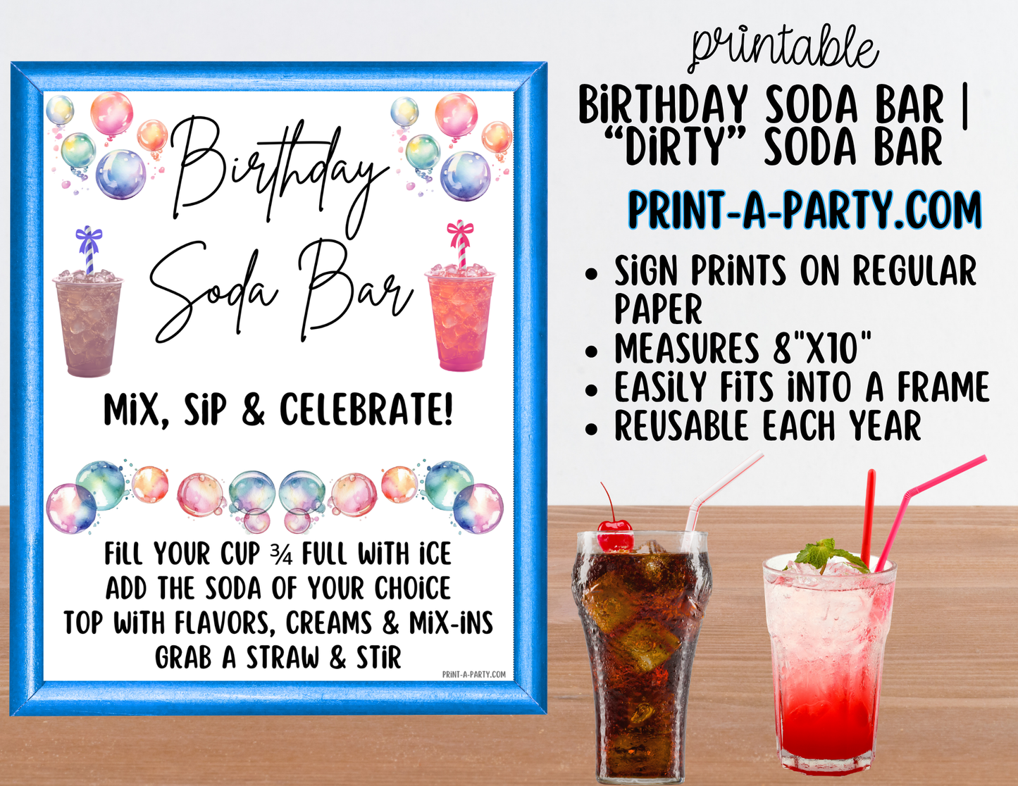 Birthday Soda Bar Kit - Dirty Soda Sign (8x10) & Recipe Tent Cards (12 recipes!)
