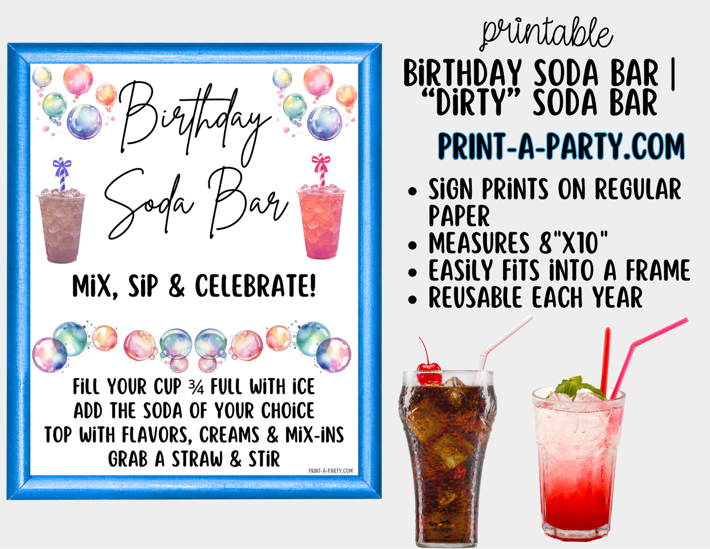 Birthday Soda Bar Kit - Dirty Soda Sign (8x10) & Recipe Tent Cards (12 recipes!) + Shopping list