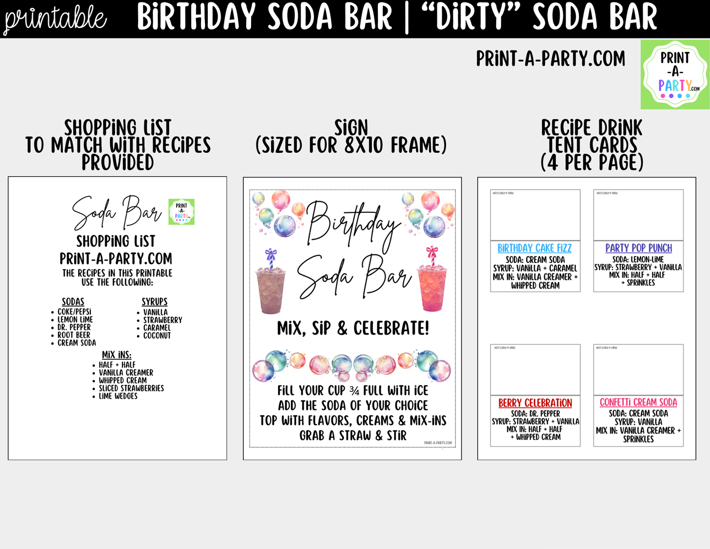 Birthday Soda Bar Kit - Dirty Soda Sign (8x10) & Recipe Tent Cards (12 recipes!) + Shopping list