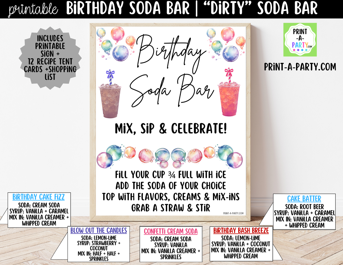 Birthday Soda Bar Kit - Dirty Soda Sign (8x10) & Recipe Tent Cards (12 recipes!)