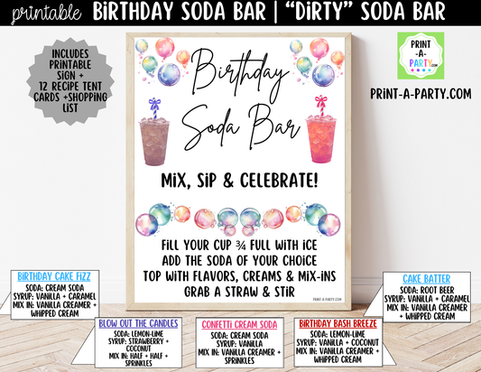 Birthday Soda Bar Kit - Dirty Soda Sign (8x10) & Recipe Tent Cards (12 recipes!)