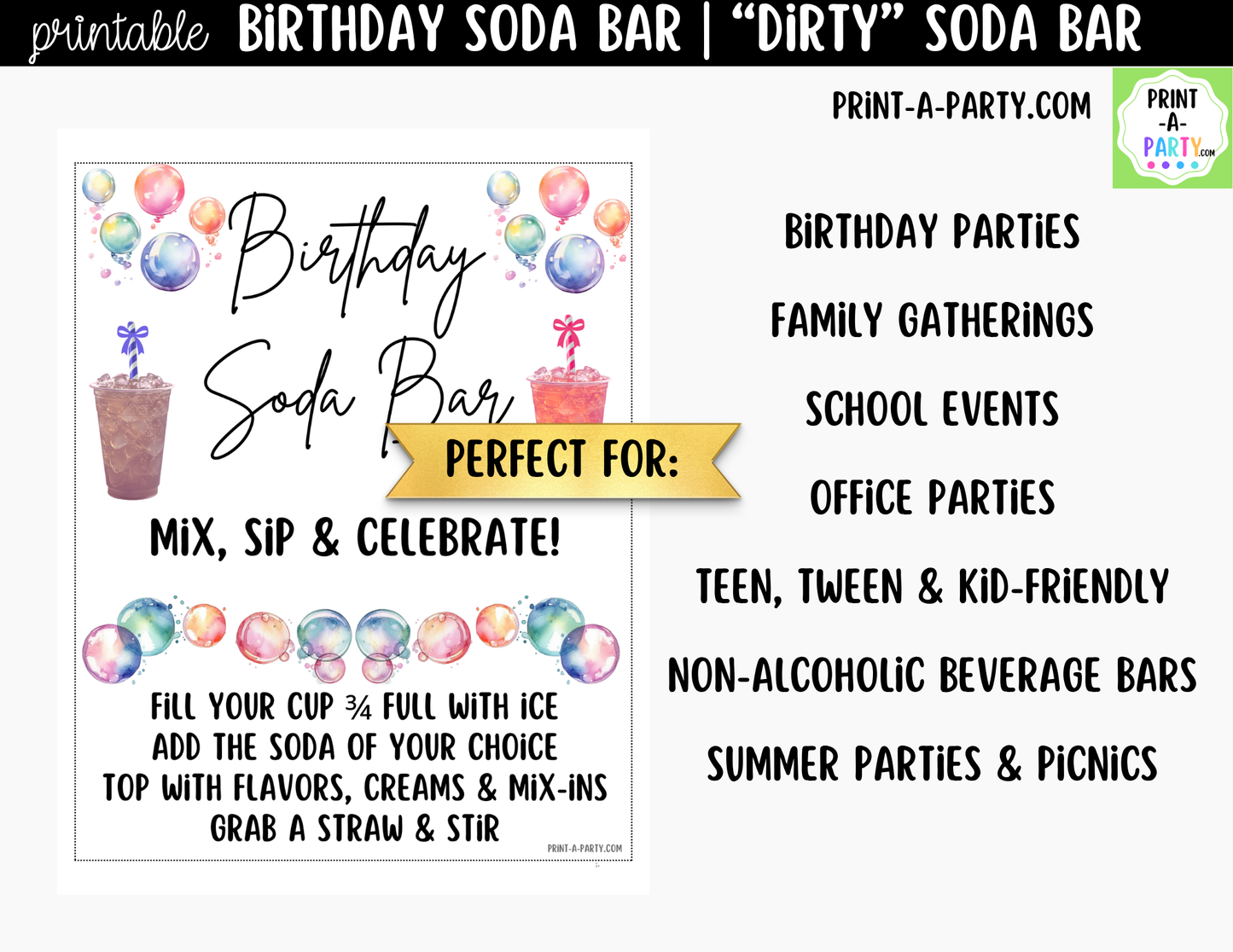 Birthday Soda Bar Kit - Dirty Soda Sign (8x10) & Recipe Tent Cards (12 recipes!)