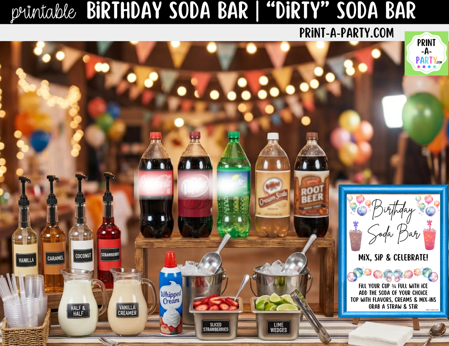 Birthday Soda Bar Kit - Dirty Soda Sign (8x10) & Recipe Tent Cards (12 recipes!)