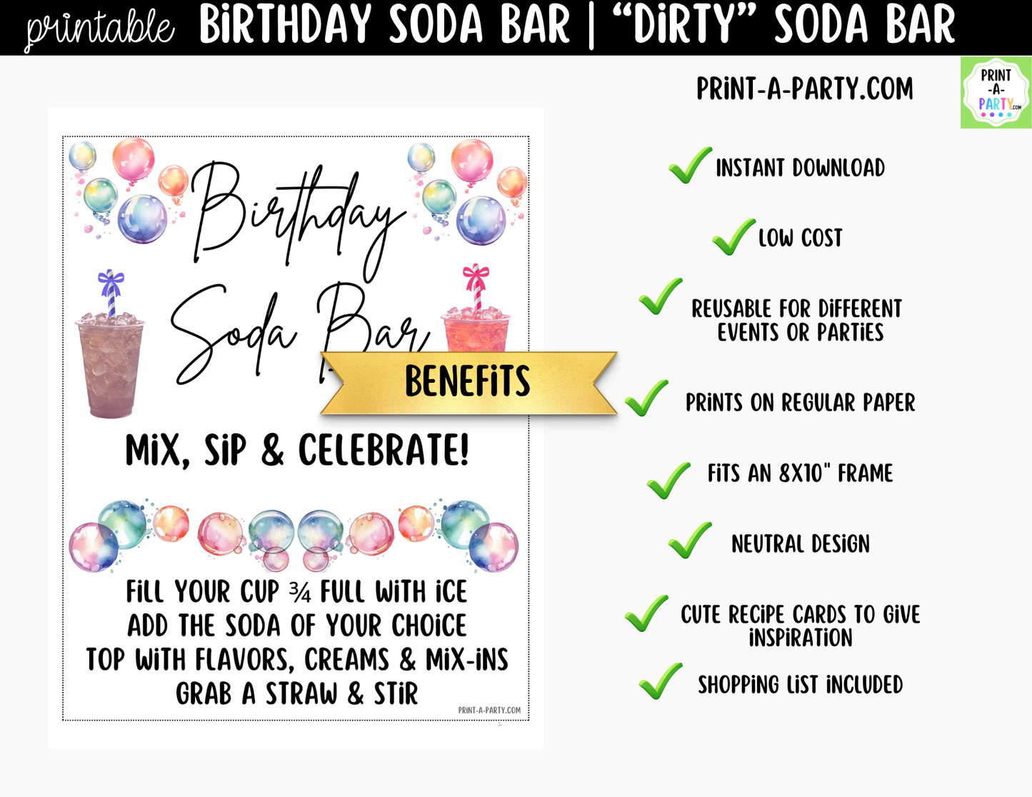 Birthday Soda Bar Kit - Dirty Soda Sign (8x10) & Recipe Tent Cards (12 recipes!)