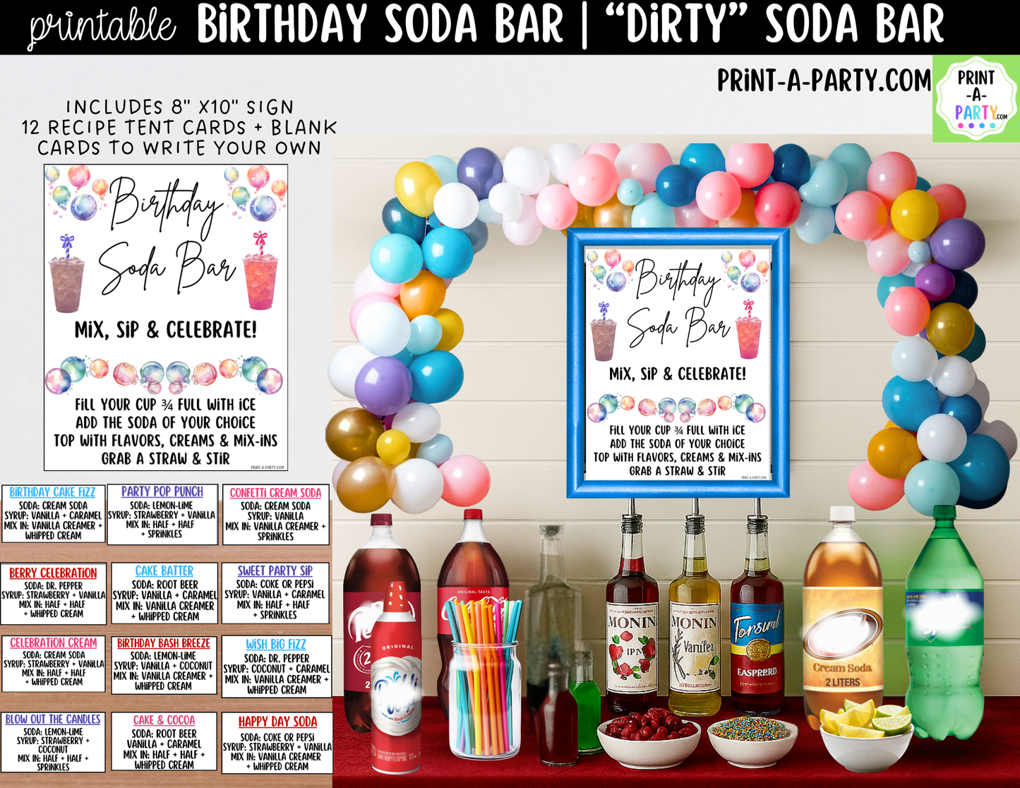 Birthday Soda Bar Kit - Dirty Soda Sign (8x10) & Recipe Tent Cards (12 recipes!)