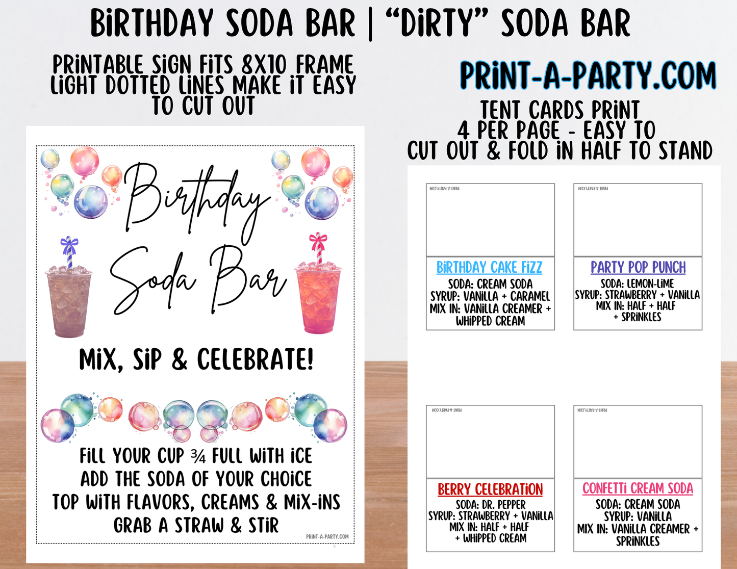 Birthday Soda Bar Kit - Dirty Soda Sign (8x10) & Recipe Tent Cards (12 recipes!)