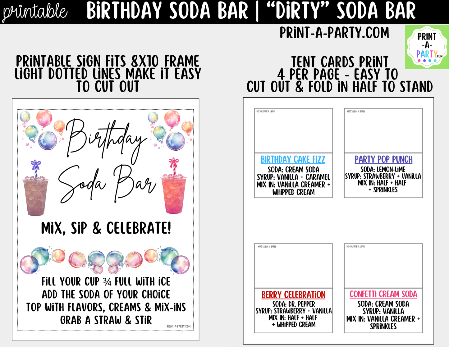 Birthday Soda Bar Kit - Dirty Soda Sign (8x10) & Recipe Tent Cards (12 recipes!) + Shopping list